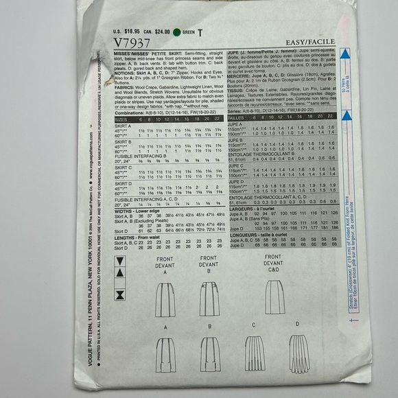 🪡 VOGUE Basic Design Misses’ Skirts Sewing Pattern V7937 - Picture 3 of 4